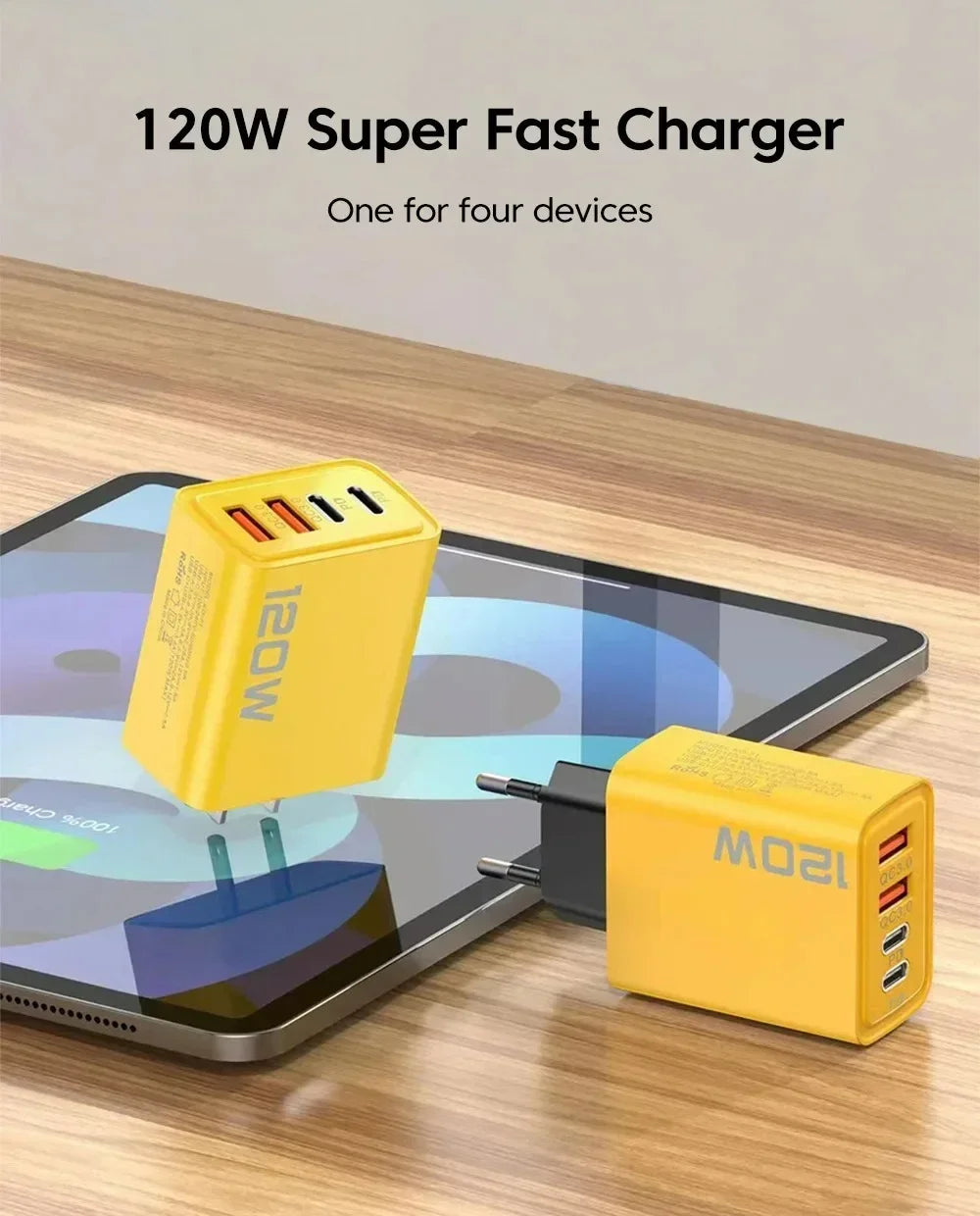 120W Süper Hızlı Şarj Adaptörü | PD + QC3.0 Destekli | Type-C + USB Duvar Şarjı | iPhone, Xiaomi, Huawei, OnePlus Uyumlu