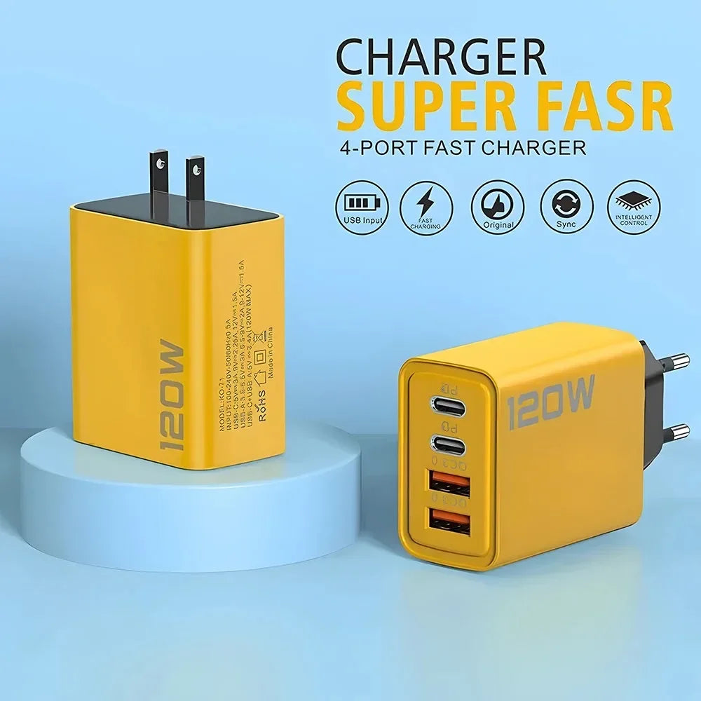 120W Süper Hızlı Şarj Adaptörü | PD + QC3.0 Destekli | Type-C + USB Duvar Şarjı | iPhone, Xiaomi, Huawei, OnePlus Uyumlu