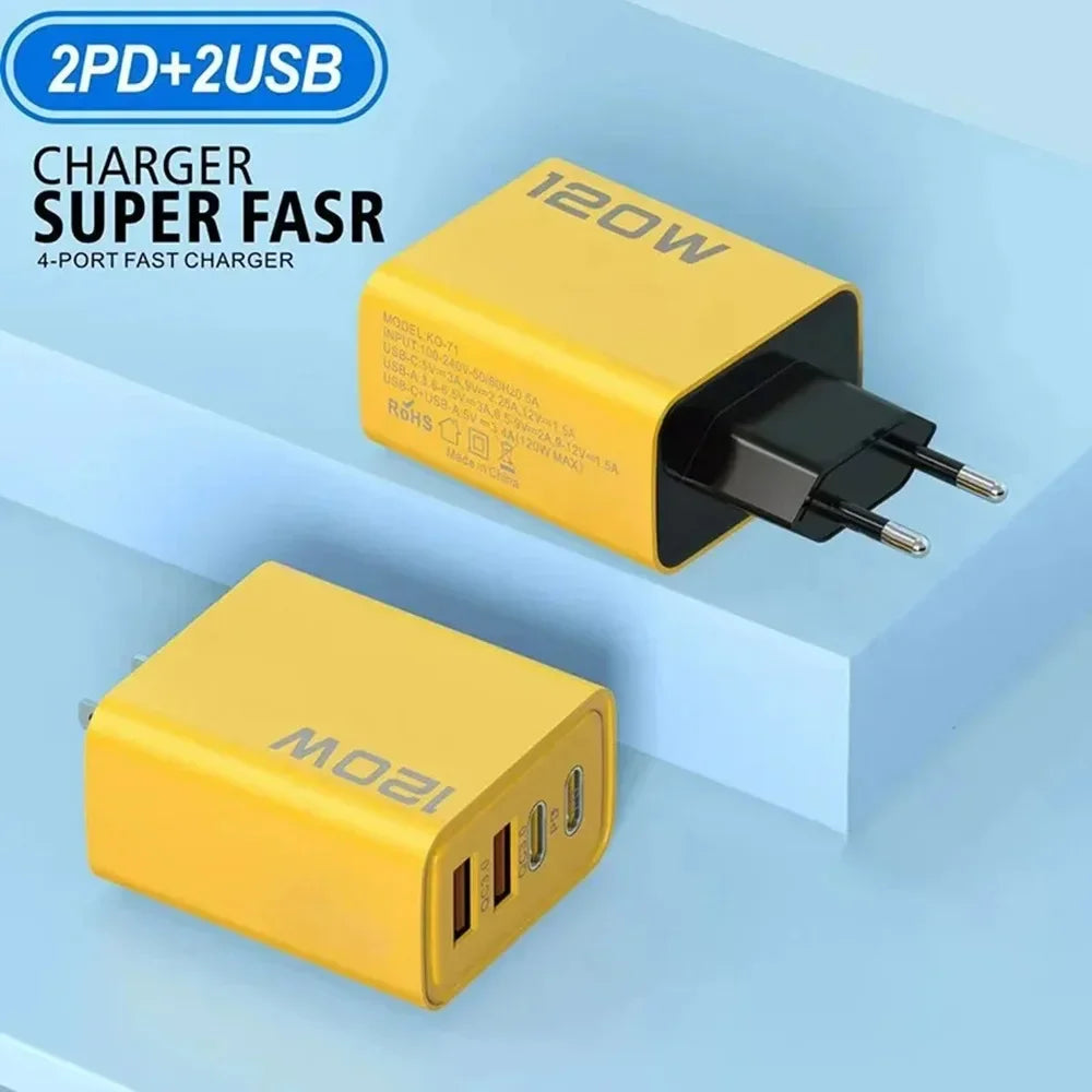 120W Süper Hızlı Şarj Adaptörü | PD + QC3.0 Destekli | Type-C + USB Duvar Şarjı | iPhone, Xiaomi, Huawei, OnePlus Uyumlu