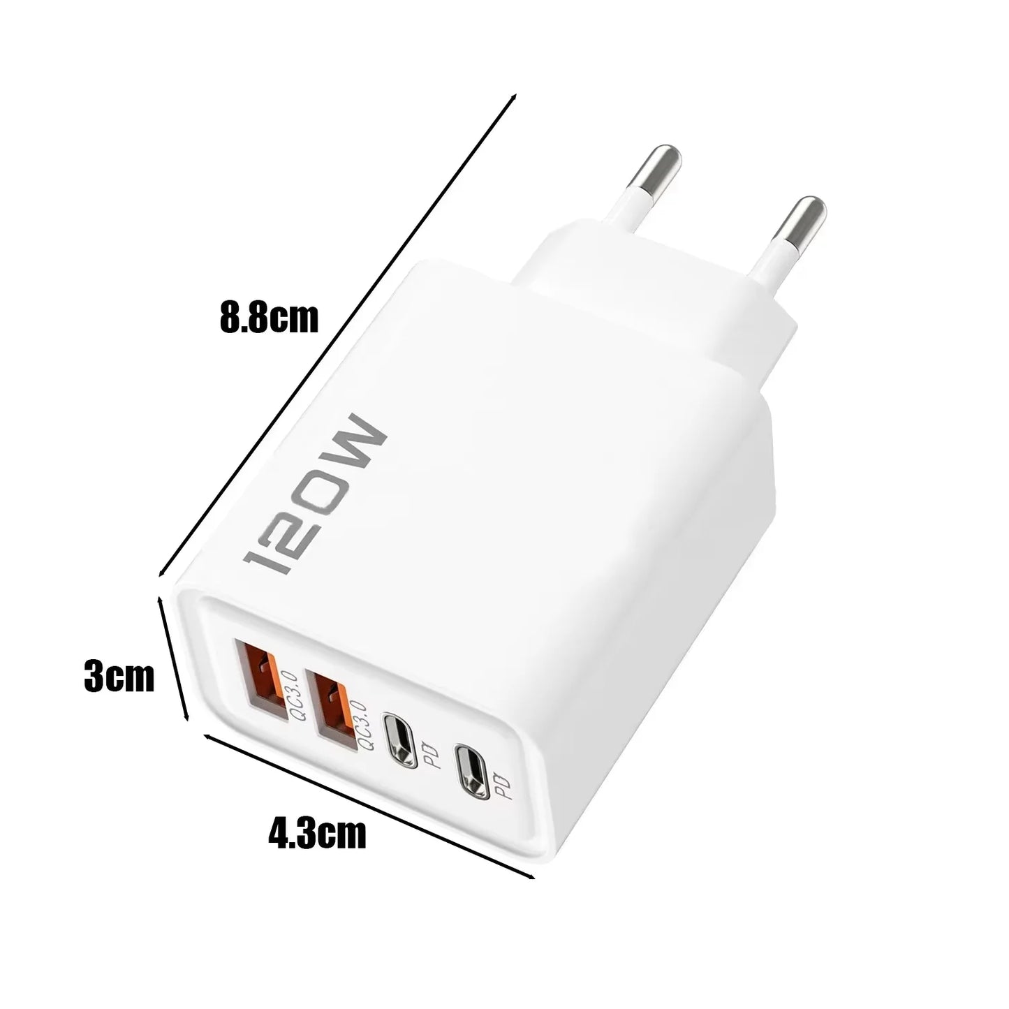 120W Süper Hızlı Şarj Adaptörü | PD + QC3.0 Destekli | Type-C + USB Duvar Şarjı | iPhone, Xiaomi, Huawei, OnePlus Uyumlu